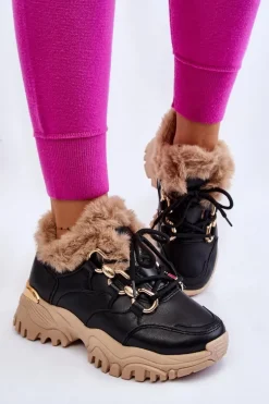 Damskie Ocieplane Buty Sportowe Sznurowane Czarno Beżowe Kerberos