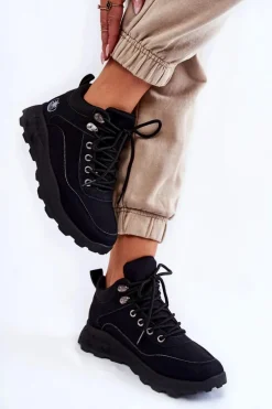 Damskie Ocieplane Buty Trekkingowe Trapery Czarne Otto