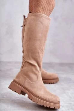 Damskie Ocieplane Kozaki Do Kolana Beżowe Helma