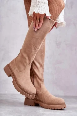 Damskie Ocieplane Kozaki Do Kolana Beżowe Helma