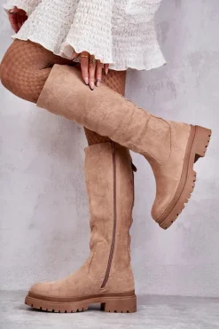 Damskie Ocieplane Kozaki Do Kolana Beżowe Helma