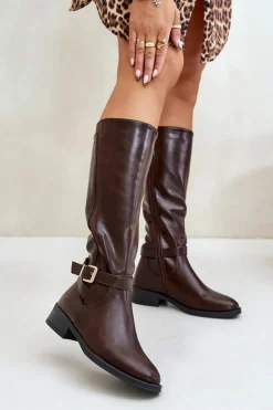 Damskie Ocieplane Kozaki Na Płaskim Obcasie Ze Złotą Klamrą Brązowe Arsisna