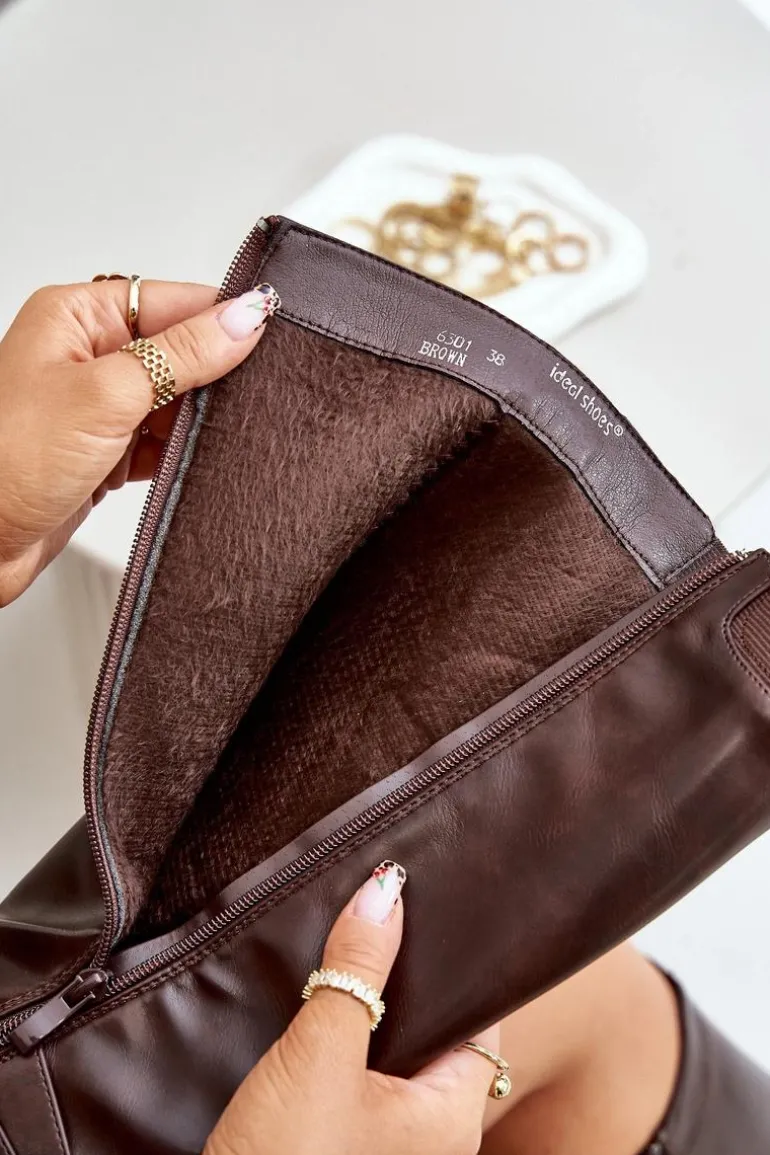 Damskie Ocieplane Kozaki Na Płaskim Obcasie Ze Złotą Klamrą Brązowe Arsisna