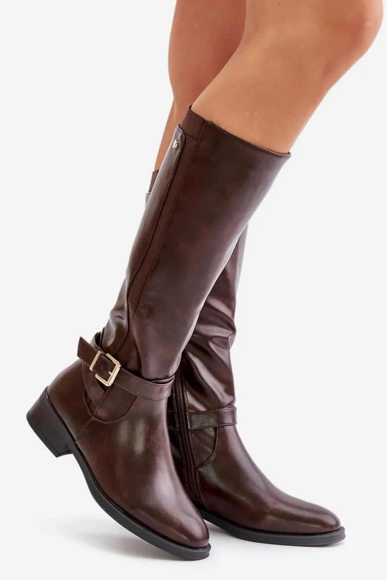 Damskie Ocieplane Kozaki Na Płaskim Obcasie Ze Złotą Klamrą Brązowe Arsisna