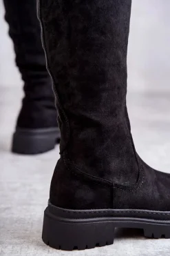 Damskie Ocieplane Kozaki Do Kolana Czarne Helma