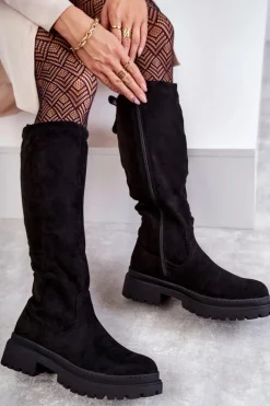 Damskie Ocieplane Kozaki Do Kolana Czarne Helma