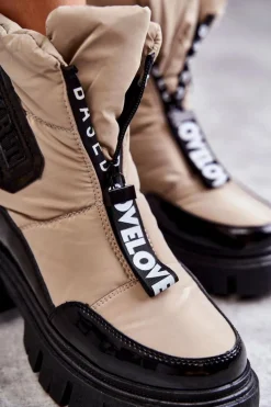 Damskie Ocieplane Śniegowce Na Suwak Beżowo-Czarne Marit