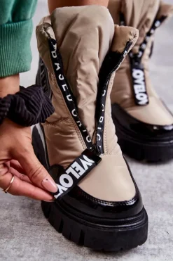 Damskie Ocieplane Śniegowce Na Suwak Beżowo-Czarne Marit