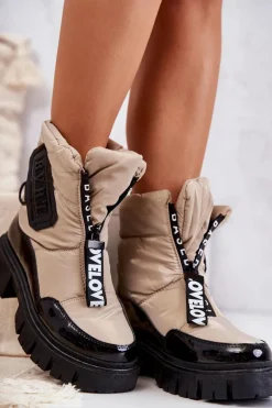 Damskie Ocieplane Śniegowce Na Suwak Beżowo-Czarne Marit