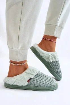 Damskie Ocieplane Papcie Wsuwane Z Futerkiem Zielone Leriss