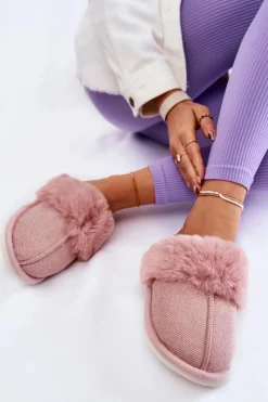 Damskie Ocieplane Papcie Z Futerkiem Jasnoróżowe Franco
