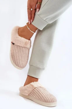 Damskie Ocieplane Papcie Wsuwane Z Futerkiem Beżowe Leriss