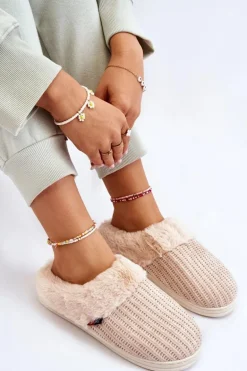 Damskie Ocieplane Papcie Wsuwane Z Futerkiem Beżowe Leriss