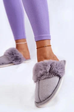 Damskie Ocieplane Papcie Z Futerkiem Szare Franco