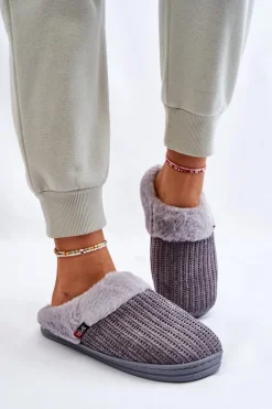 Damskie Ocieplane Papcie Wsuwane Z Futerkiem Szare Leriss
