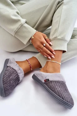 Damskie Ocieplane Papcie Wsuwane Z Futerkiem Szare Leriss