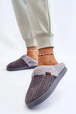 Damskie Ocieplane Papcie Wsuwane Z Futerkiem Szare Leriss