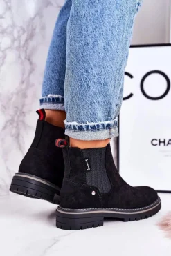 Damskie Ocieplane Sztyblety Botki Czarne Zamszowe Traveler