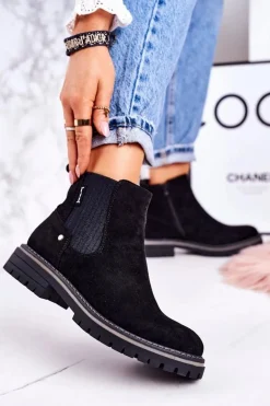 Damskie Ocieplane Sztyblety Botki Czarne Zamszowe Traveler