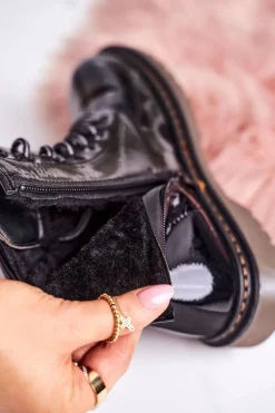 Damskie Ocieplane Trapery Glany Lakierowane Czarne Thunder