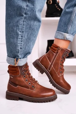 Damskie Ocieplane Workery Trapery Brązowe Timber