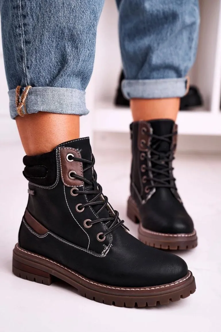 Damskie Ocieplane Workery Trapery Czarne Timber