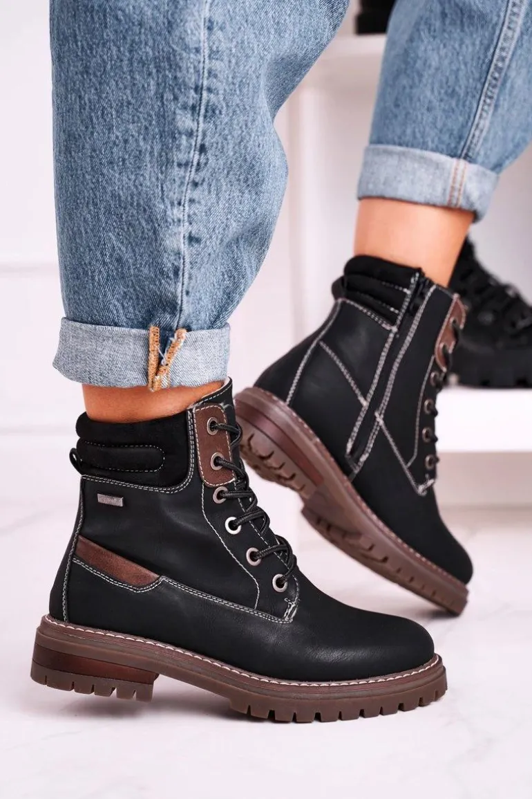 Damskie Ocieplane Workery Trapery Czarne Timber