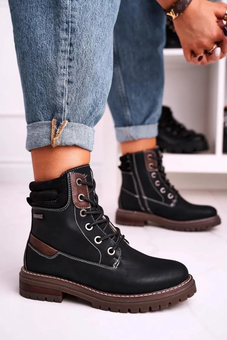 Damskie Ocieplane Workery Trapery Czarne Timber