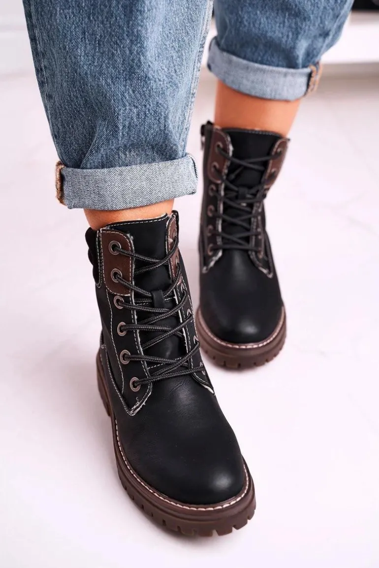 Damskie Ocieplane Workery Trapery Czarne Timber