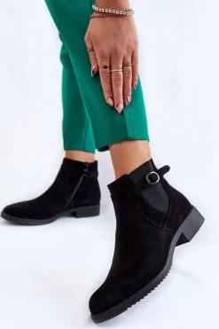 Damskie Ocieplane Zamszowe Botki Sztyblety Czarne Janette