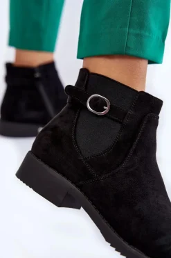 Damskie Ocieplane Zamszowe Botki Sztyblety Czarne Janette