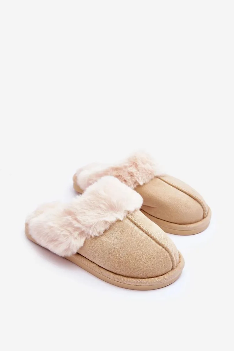 Damskie Papcie Klapki z Futerkiem Jasnobeżowe Pinky