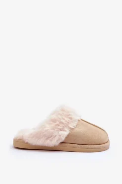 Damskie Papcie Klapki z Futerkiem Jasnobeżowe Pinky