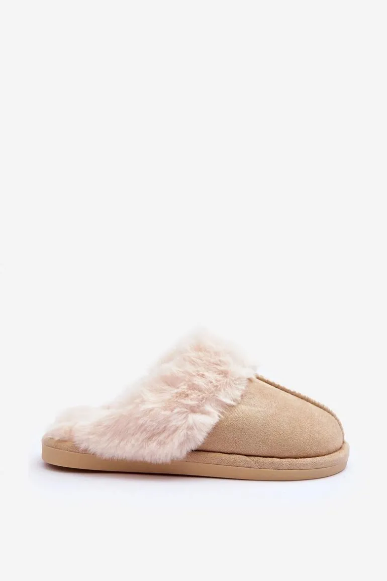 Damskie Papcie Klapki z Futerkiem Jasnobeżowe Pinky