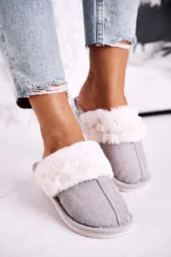 Damskie Papcie Klapki z Futerkiem Szare Homely