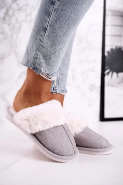 Damskie Papcie Klapki z Futerkiem Szare Homely