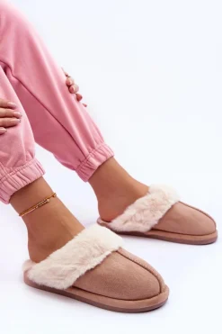 Damskie Papcie Klapki z Futerkiem Beżowe Pinky
