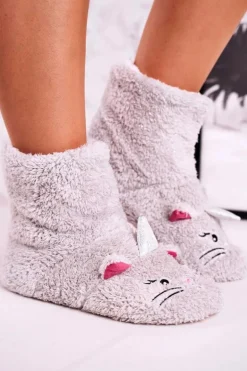 Damskie Papcie Ocieplane Kożuszkiem Szare Nyan Cat