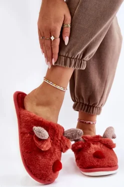 Damskie Papcie Z Futerkiem I Reniferem Czerwone Sopya