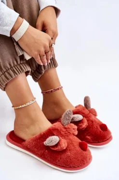 Damskie Papcie Z Futerkiem I Reniferem Czerwone Sopya