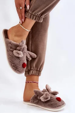 Damskie Papcie Z Futerkiem I Reniferem Szare Sopya