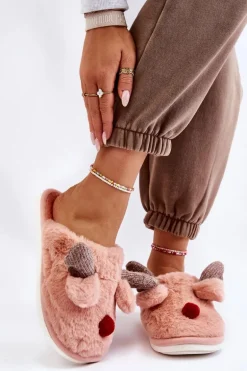 Damskie Papcie Z Futerkiem I Reniferem Różowe Sopya