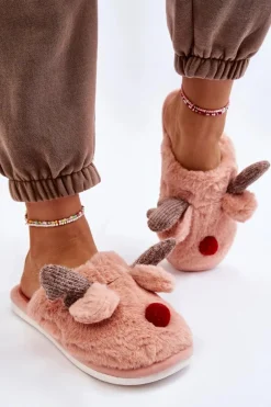 Damskie Papcie Z Futerkiem I Reniferem Różowe Sopya