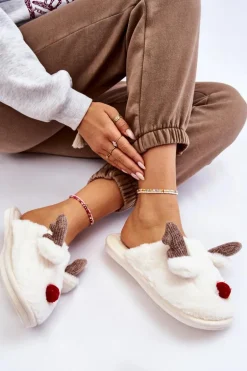 Damskie Papcie Z Futerkiem I Reniferem Kremowe Sopya