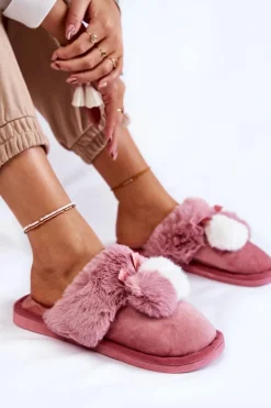 Damskie Papcie Z Pomponami I Futerkiem Różowe Sahira