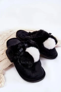 Damskie Papcie Z Pomponami I Futerkiem Czarne Sahira