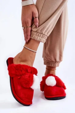 Damskie Papcie Z Pomponami I Futerkiem Czerwone Sahira
