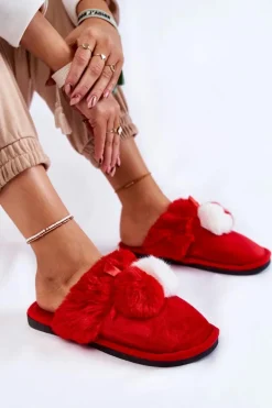 Damskie Papcie Z Pomponami I Futerkiem Czerwone Sahira