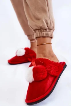Damskie Papcie Z Pomponami I Futerkiem Czerwone Sahira