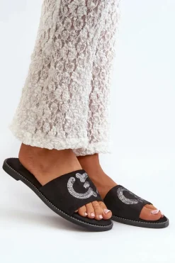 Damskie Płaskie Klapki Z Cekinami S.Barski KV27-052 Czarne